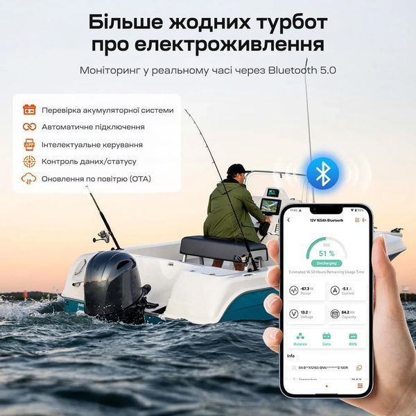 Акумуляторна батарея літій-залізо-фосфатна з Bluetooth та підігрівом стартерна / тягова 12.8В 165А*год LiFePO4 LiTime Dual Purpose L12V165-150-DP-BT-CCA1K2-4-A100 44-00532 фото