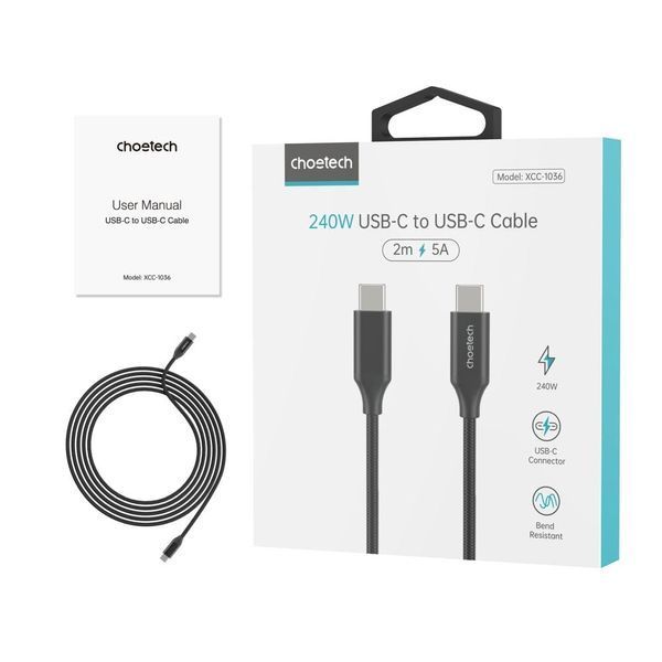 Кабель Choetech ХСС-1036 Black USB-C to USB-C PD3.1 240W 2m 43-00126 фото