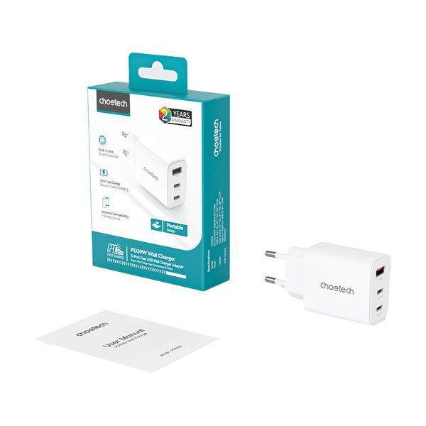 Мережевий зарядний пристрій Choetech PD3046 PD30W GAN USB-A+2xUSB-C White 43-00170 фото
