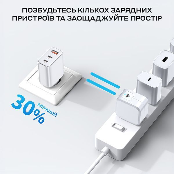 Мережевий зарядний пристрій Choetech PD3046 PD30W GAN USB-A+2xUSB-C White 43-00170 фото