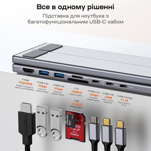 USB-C хаб-підставка 7-в-1 Choetech M57 HDMI 4K@30Hz, 2 USB 3.0, USB-C Data, USB-C PD 100W, SD-card, TF-card 43-00174 фото