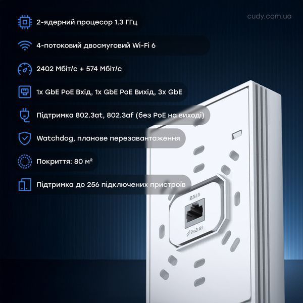 Точка доступу настінна WiFi 6 Cudy AP3000 Wall з підтримкою Mesh дводіапазонна гігабітна AX3000 73-00583 фото