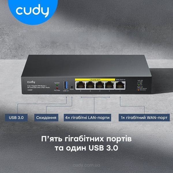 Контролер точок доступу AP / гігабітний VPN-маршрутизатор Cudy C200P з 4 портами PoE+ 73-00668 фото