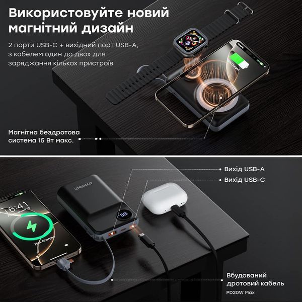 Повербанк 20000mAh Choetech B696 Black QC3.0 PD3.0 бездротова зарядка смартфонів та Apple Watch 43-00132 фото