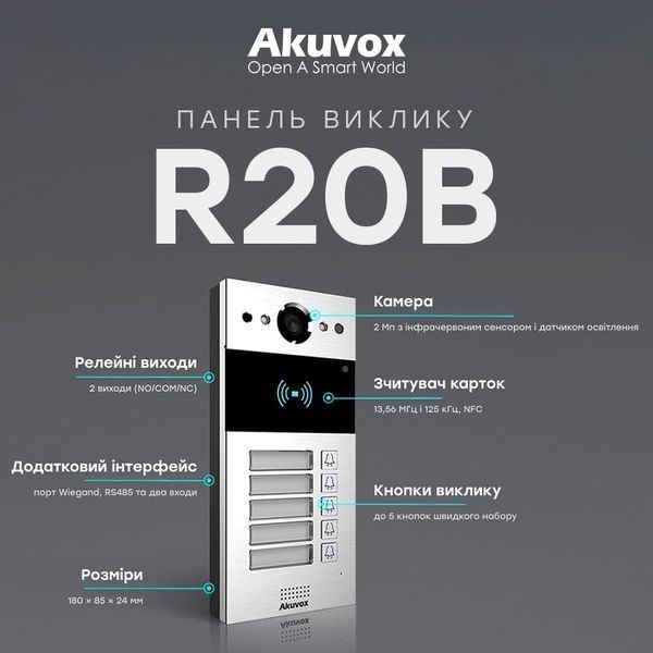 IP-відеопанель на 5 абонентів 2Mp Akuvox R20B SIP зі зчитувачем EM-Marine / Mifare / NFC 87-00031 фото