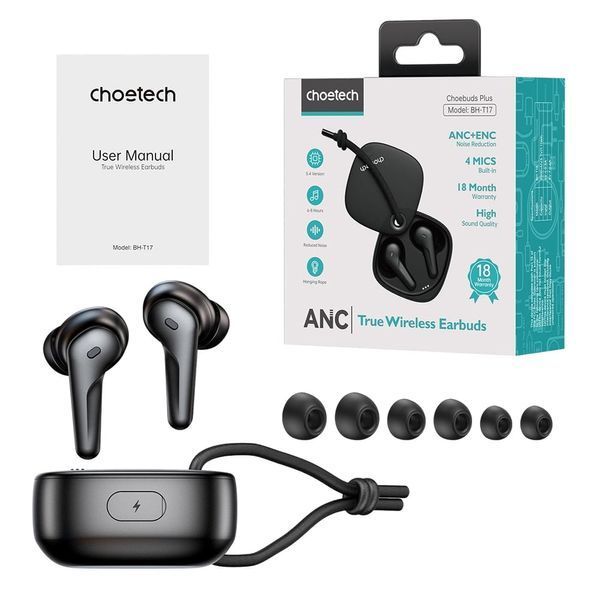 Бездротові навушники Choetech BH-T17 Black TWS, Bluetooth 5.4, ANC+ENC 43-00136 фото