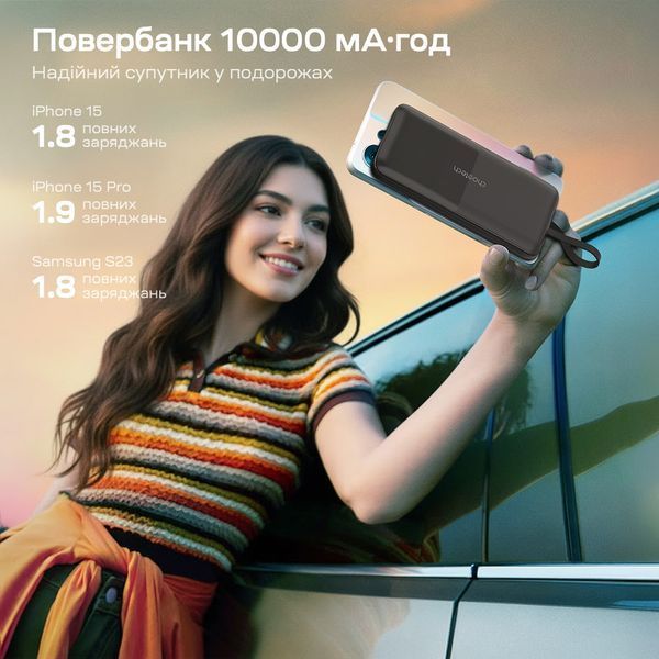 Повербанк 10000mAh Choetech B654 Black 22.5W QC3.0 PD3.0 вбудовані кабелі Type-C та Lightning 43-00147 фото