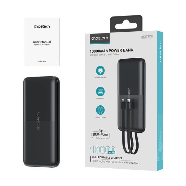 Повербанк 10000mAh Choetech B654 Black 22.5W QC3.0 PD3.0 вбудовані кабелі Type-C та Lightning 43-00147 фото