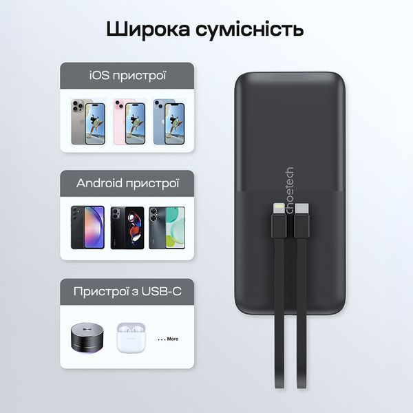 Повербанк 10000mAh Choetech B654 Black 22.5W QC3.0 PD3.0 вбудовані кабелі Type-C та Lightning 43-00147 фото