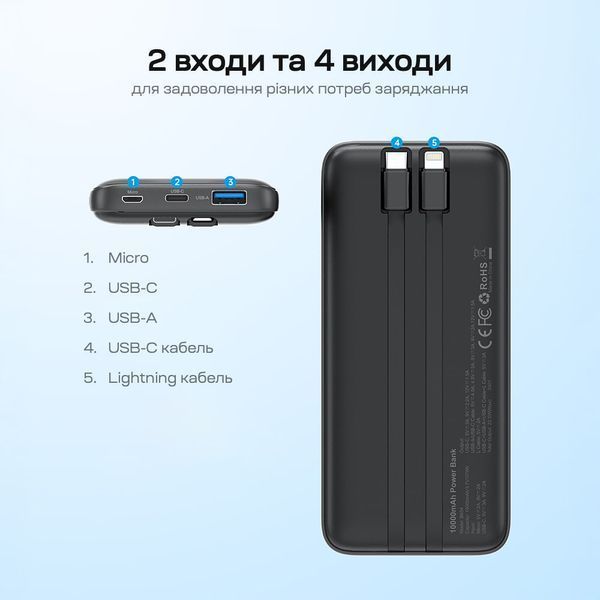 Повербанк 10000mAh Choetech B654 Black 22.5W QC3.0 PD3.0 вбудовані кабелі Type-C та Lightning 43-00147 фото