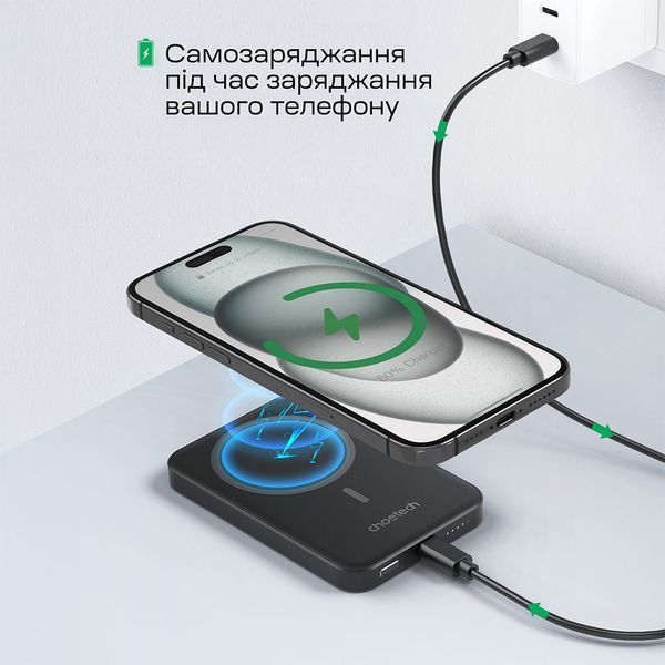 Повербанк 5000mAh Choetech B709 Black PD3.0 бездротова магнітна зарядка 43-00148 фото