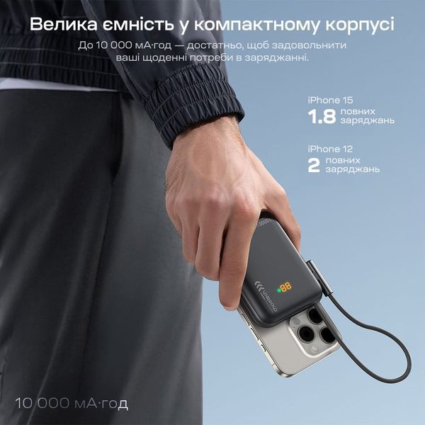 Повербанк 10000mAh Choetech B735 Black QC3.0 PD3.0 бездротова магнітна зарядка, вбудований кабель, підставка 43-00149 фото