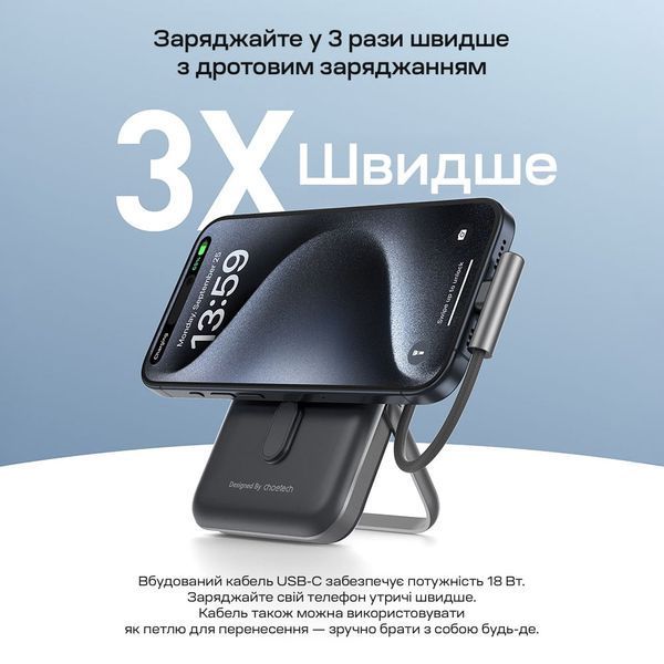 Повербанк 10000mAh Choetech B735 Black QC3.0 PD3.0 бездротова магнітна зарядка, вбудований кабель, підставка 43-00149 фото