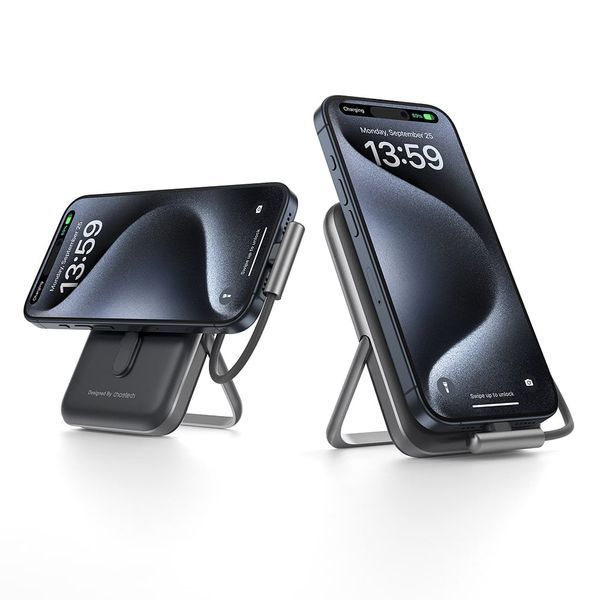 Повербанк 10000mAh Choetech B735 Black QC3.0 PD3.0 бездротова магнітна зарядка, вбудований кабель, підставка 43-00149 фото