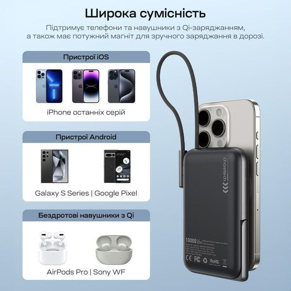 Повербанк 10000mAh Choetech B735 Black QC3.0 PD3.0 бездротова магнітна зарядка, вбудований кабель, підставка 43-00149 фото