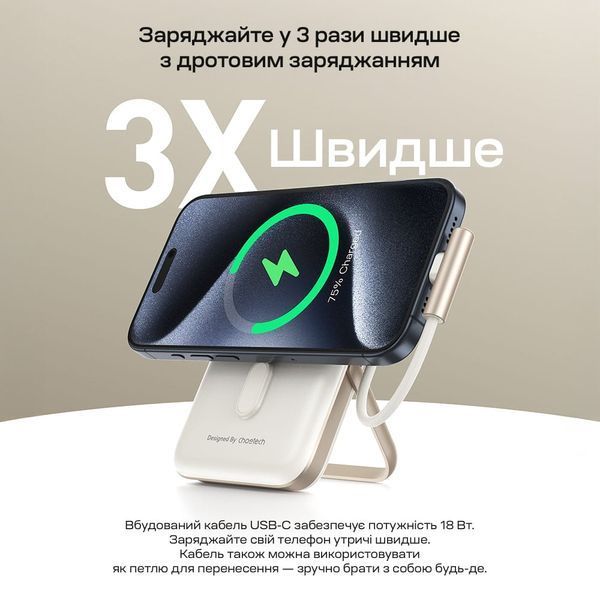 Повербанк 10000mAh Choetech B735 White QC3.0 PD3.0 бездротова магнітна зарядка, вбудований кабель, підставка 43-00150 фото