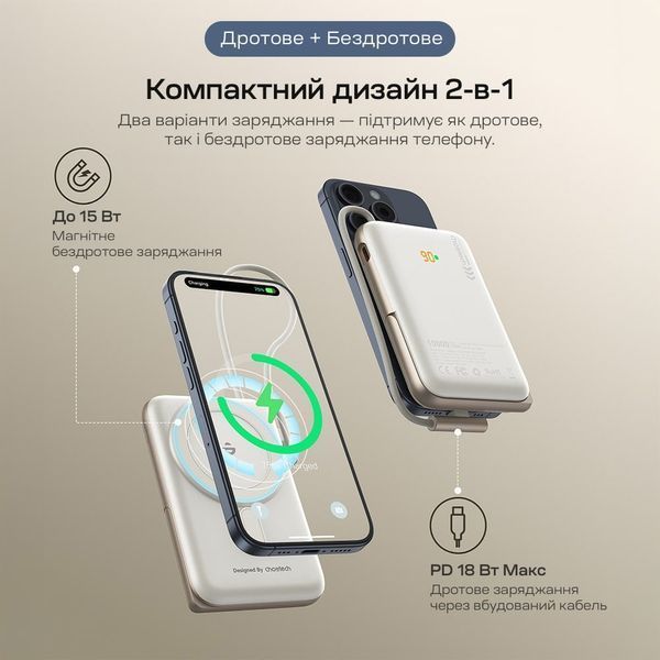 Повербанк 10000mAh Choetech B735 White QC3.0 PD3.0 бездротова магнітна зарядка, вбудований кабель, підставка 43-00150 фото