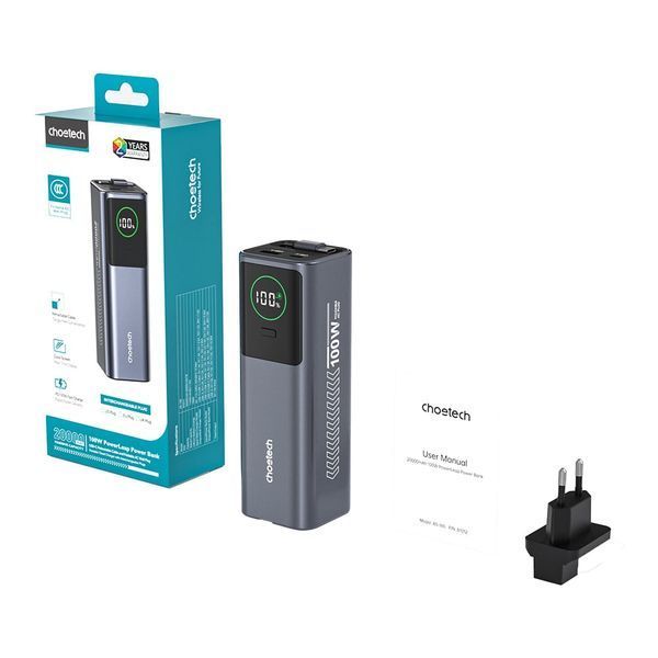 Повербанк 20000mAh Choetech B1012 Grey 100W з EU адаптером QC3.0 PD3.0, вбудований кабель 43-00164 фото