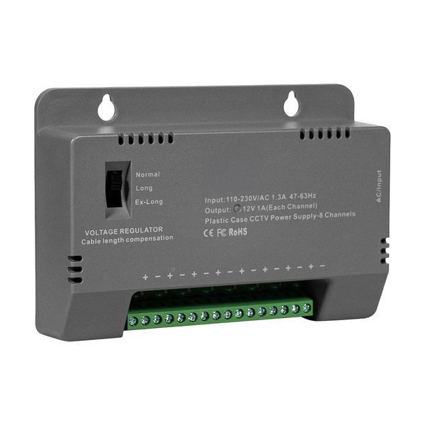 Блок живлення Kraft KRF-1208B 96W, 8 каналів навантаження, 12V/1A на 1 канал, з регулятором напруги для компенсації довжини кабелю 43-00145 фото