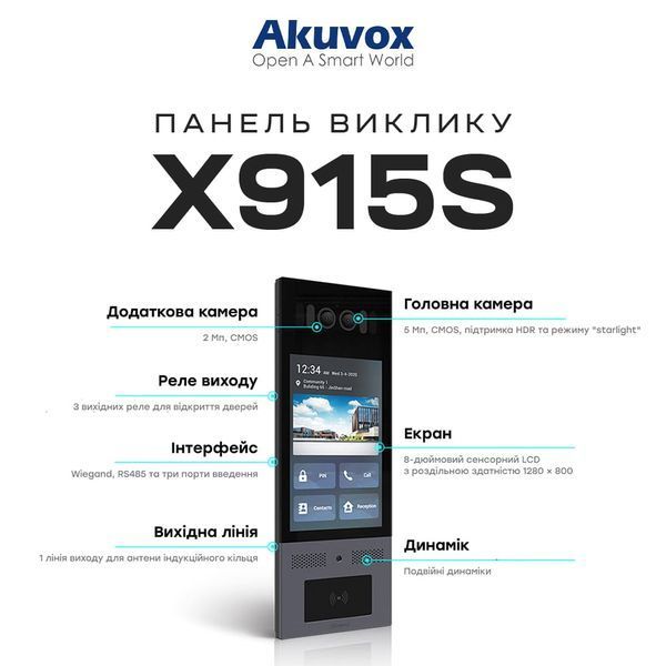 IP-відеопанель багатоабонентська 5Mp Akuvox X915S з екраном 8", розпізнаванням облич та зчитувачем EM-Marine / Mifare / NFC / BLE / QR 87-00049 фото