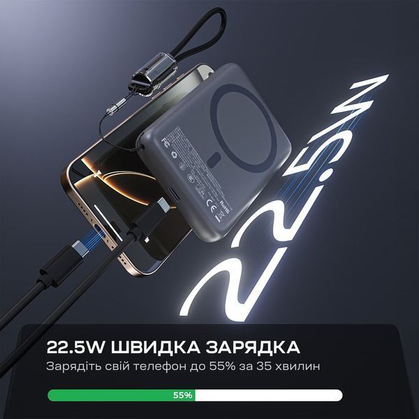 Повербанк 10000mAh Choetech B862 Grey 22.5W QC3.0 PD3.0 бездротова магнітна зарядка MagSafe 43-00168 фото