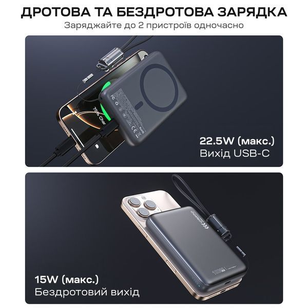 Повербанк 10000mAh Choetech B862 Grey 22.5W QC3.0 PD3.0 бездротова магнітна зарядка MagSafe 43-00168 фото