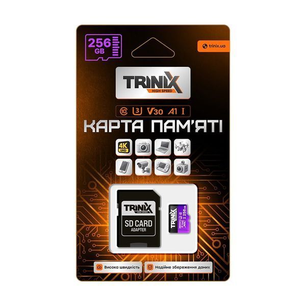 Карта пам&rsquo;яті Trinix 256GB miсroSDXC з SD-адаптером U3 V30 A1 90-00037 фото
