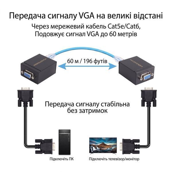 Подовжувач відеосигналу VGA 60m NVC RJ45 to VGA Cat5e Cat6 73-00171 фото