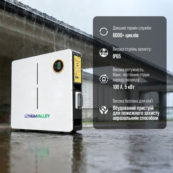 Акумулятор LiFePO4 100А*год 51.2В 5120Вт*год Lithium Valley LV-BAT-W5.12Ac настінний монтаж 42-00401 фото