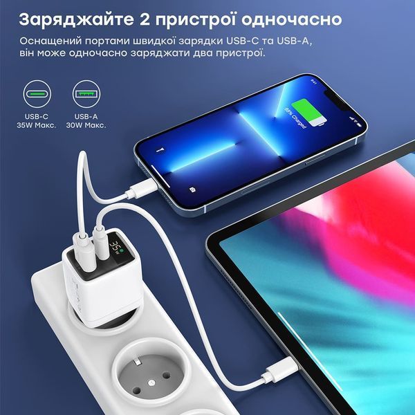 Мережевий зарядний пристрій Choetech PD6052 PD35W GAN A+C White 43-00128 фото