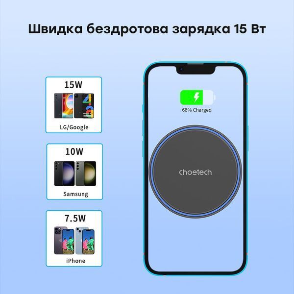 Автомобільний зарядний пристрій Choetech T205-F Black бездротова зарядка, магнітне кріплення 43-00139 фото