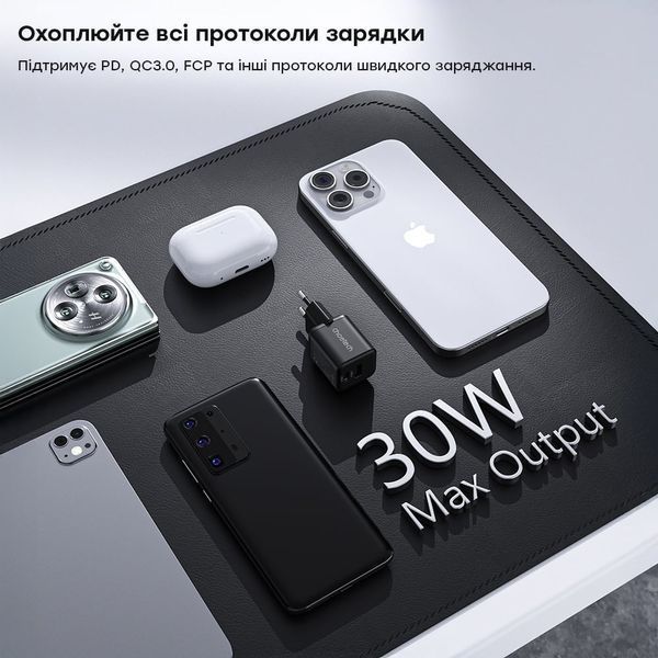 Мережевий зарядний пристрій Choetech PD5012 mini PD30W GAN A+C Black 43-00141 фото