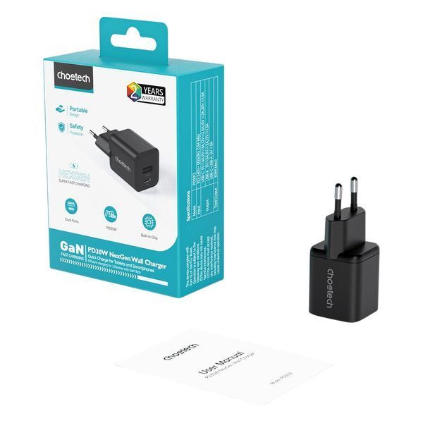 Мережевий зарядний пристрій Choetech PD5012 mini PD30W GAN A+C Black 43-00141 фото